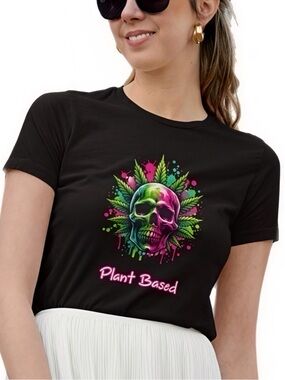 Green & Pink Skull Plant Based Graphic Short Sleeve T-Shirt 420 Marijuana Leaf